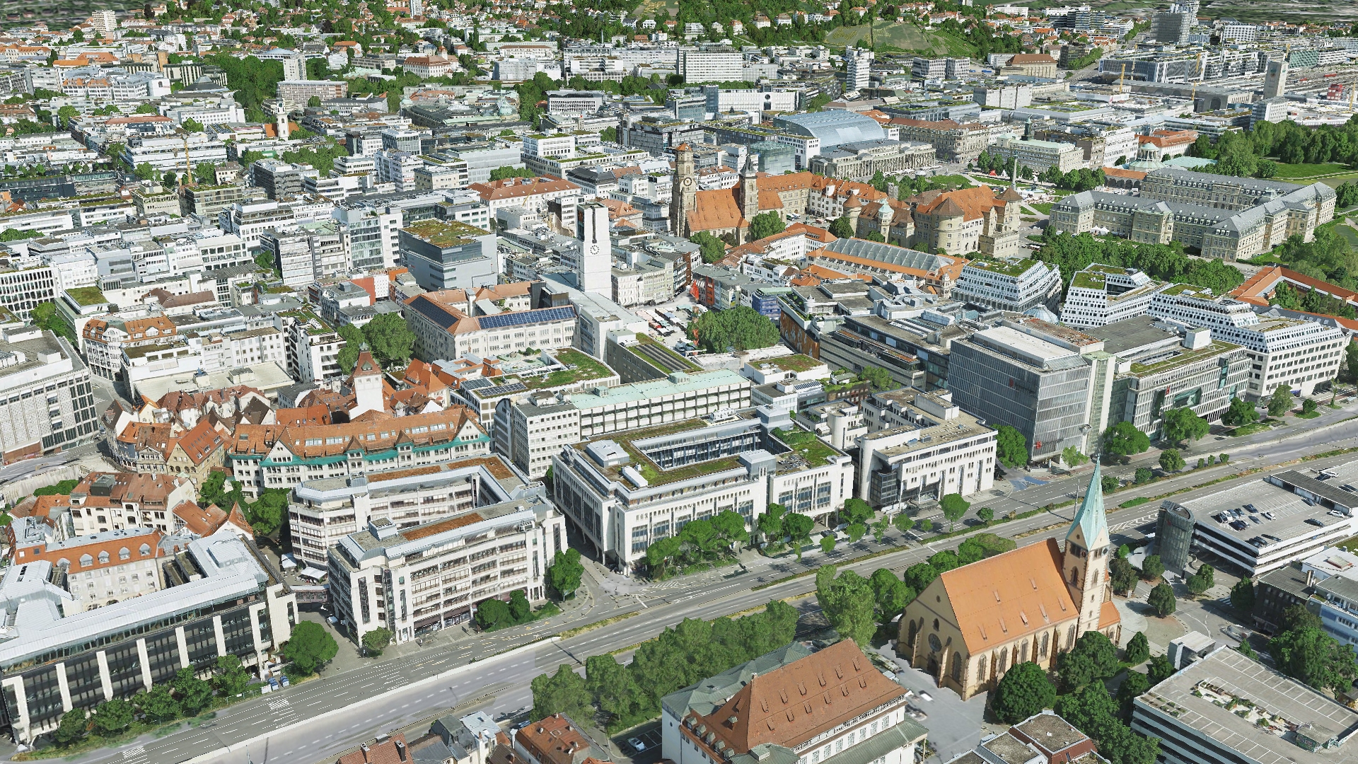 Luftaufnahme von Stuttgart als 3D Grafik.