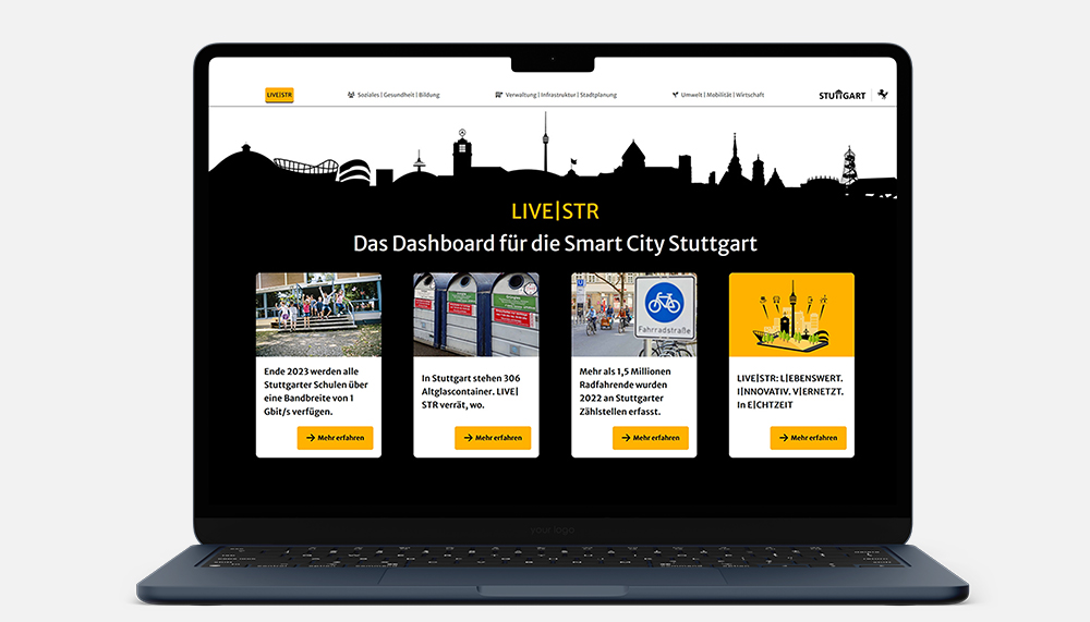 Ansicht des Smart City Dashboards LIVE|STR am Laptop.